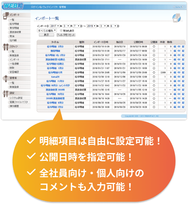 明細項目は自由に設定可能！公開日時を指定可能！全社員向け・個人向けのコメントも入力可能！